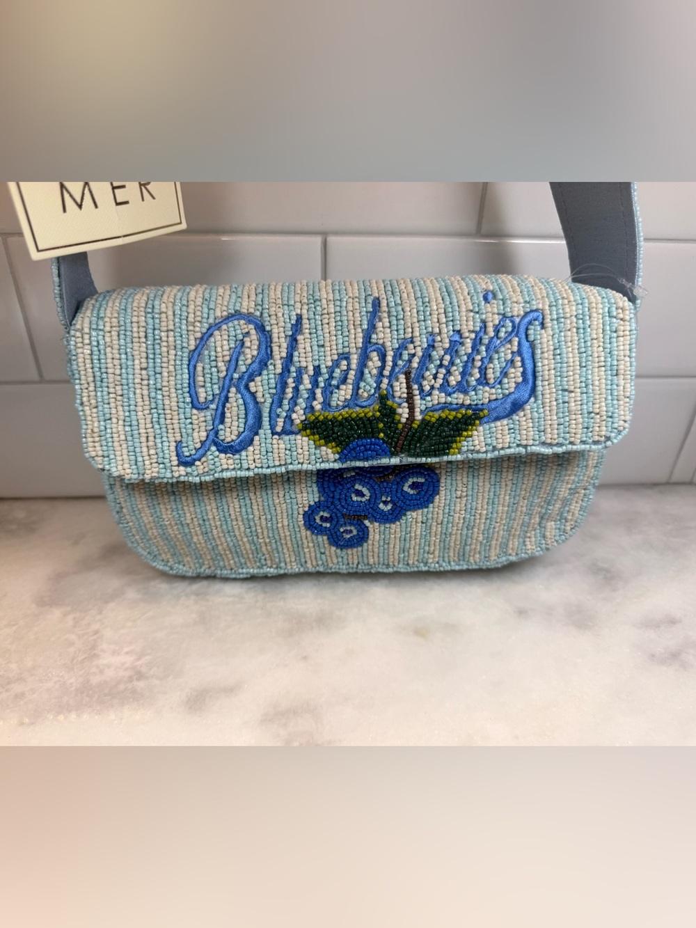 New Release Sol And Mer Blue Green White Striped Blueberry Beaded Bag NWT
